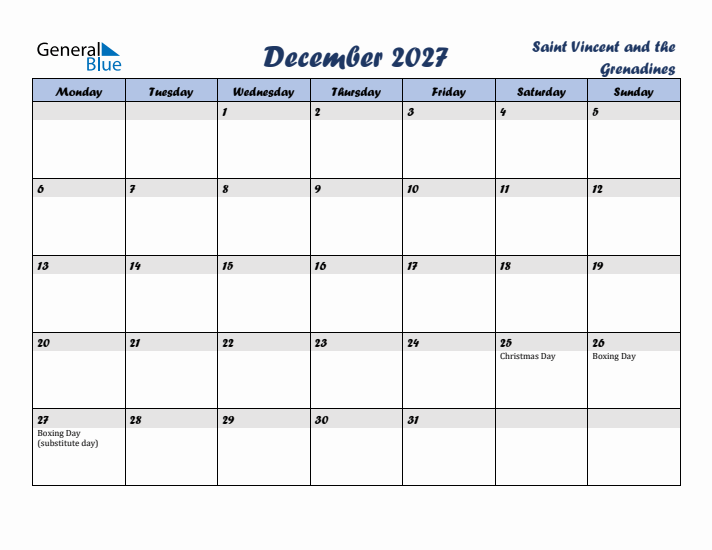 December 2027 Calendar with Holidays in Saint Vincent and the Grenadines