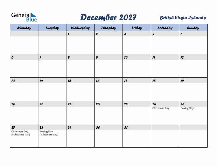 December 2027 Calendar with Holidays in British Virgin Islands