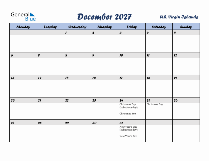 December 2027 Calendar with Holidays in U.S. Virgin Islands