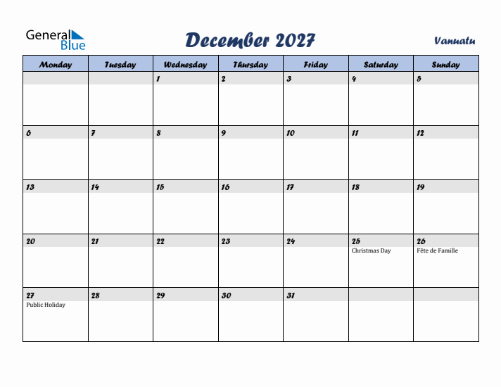 December 2027 Calendar with Holidays in Vanuatu