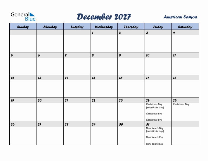 December 2027 Calendar with Holidays in American Samoa