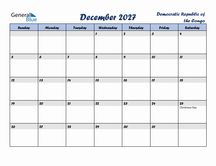 December 2027 Calendar with Holidays in Democratic Republic of the Congo