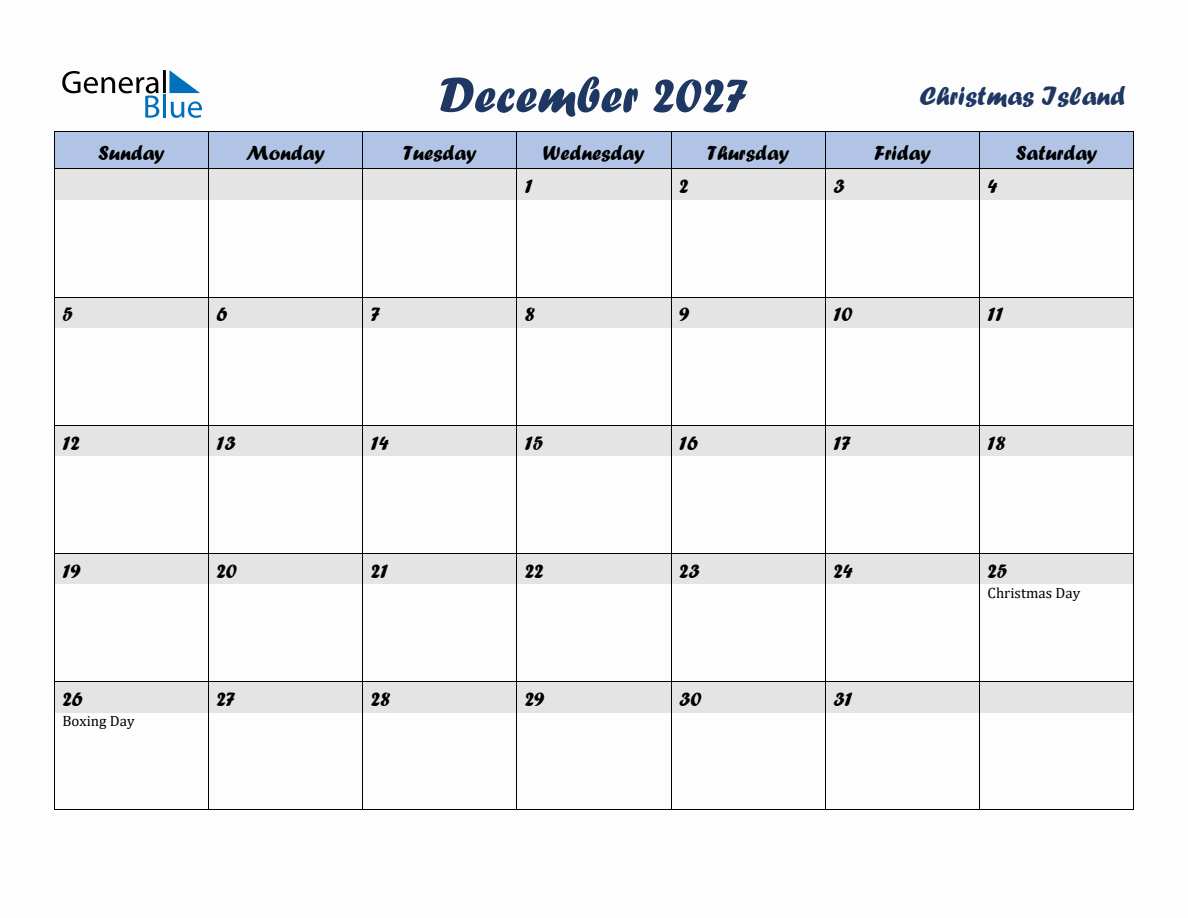 December 2027 Monthly Calendar Template with Holidays for Christmas Island