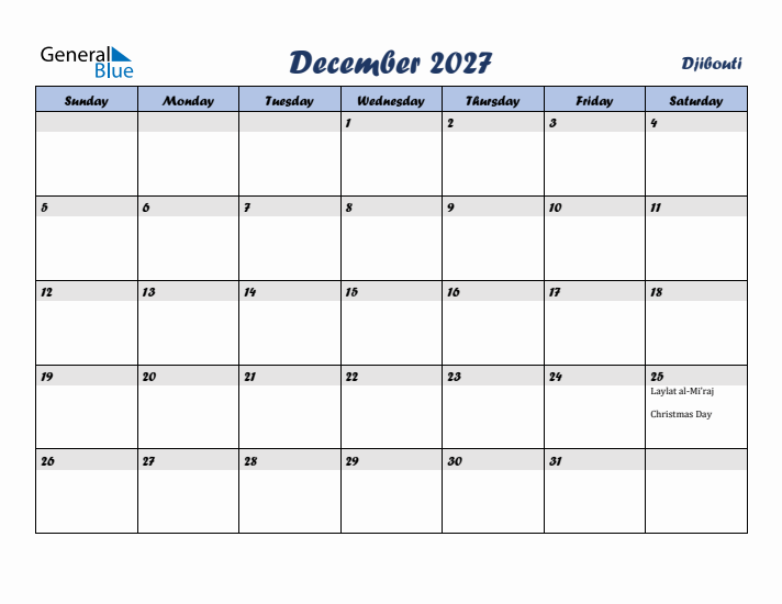 December 2027 Calendar with Holidays in Djibouti