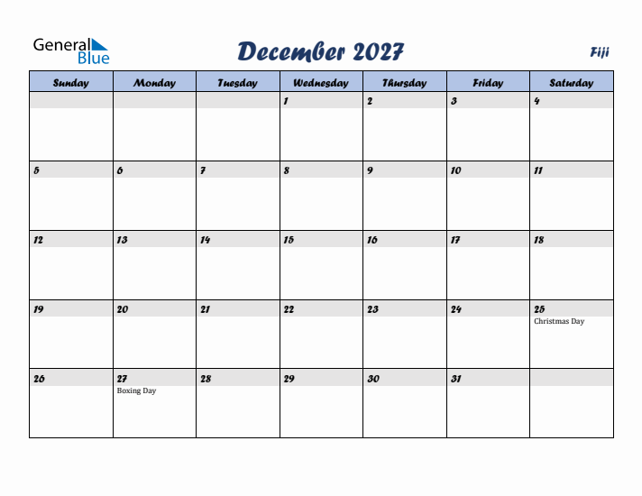 December 2027 Calendar with Holidays in Fiji