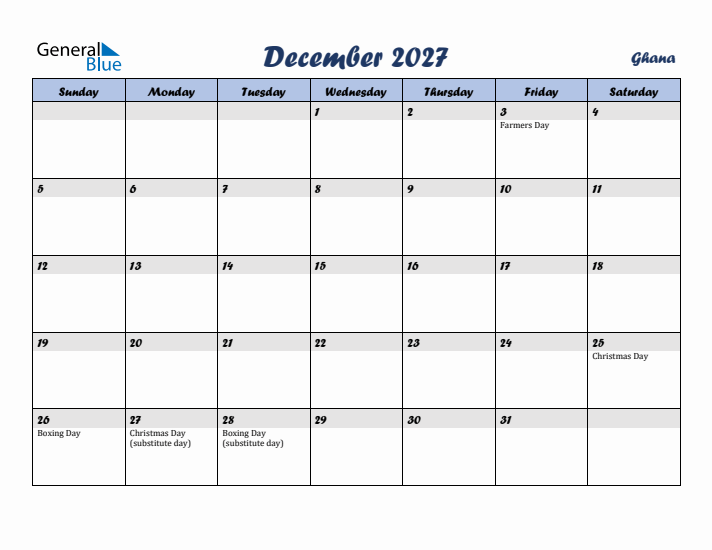 December 2027 Calendar with Holidays in Ghana