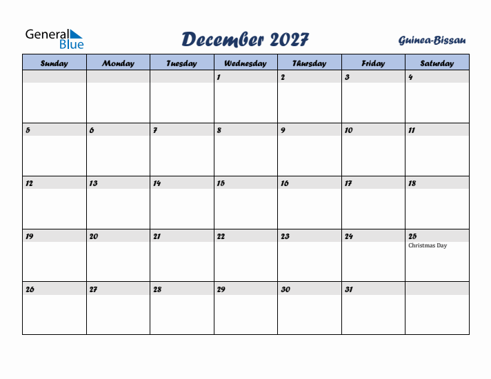 December 2027 Calendar with Holidays in Guinea-Bissau