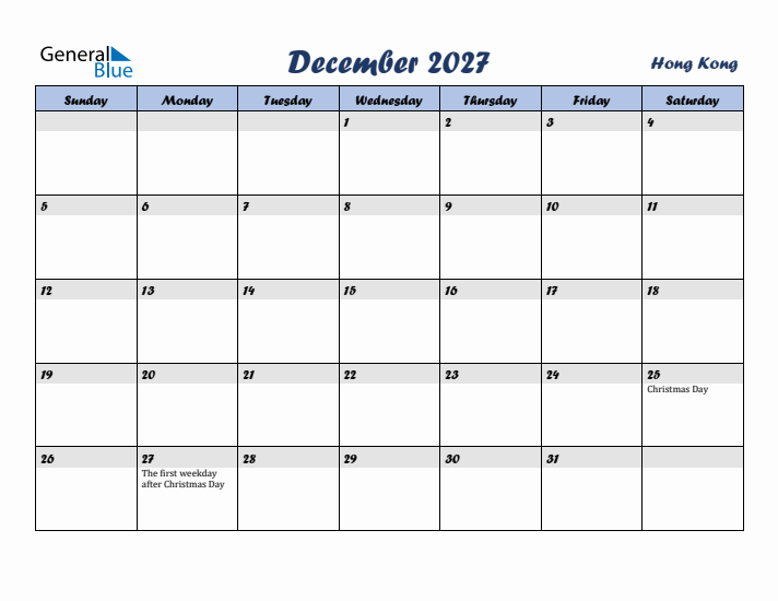 December 2027 Calendar with Holidays in Hong Kong