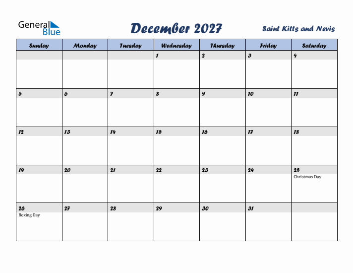 December 2027 Calendar with Holidays in Saint Kitts and Nevis