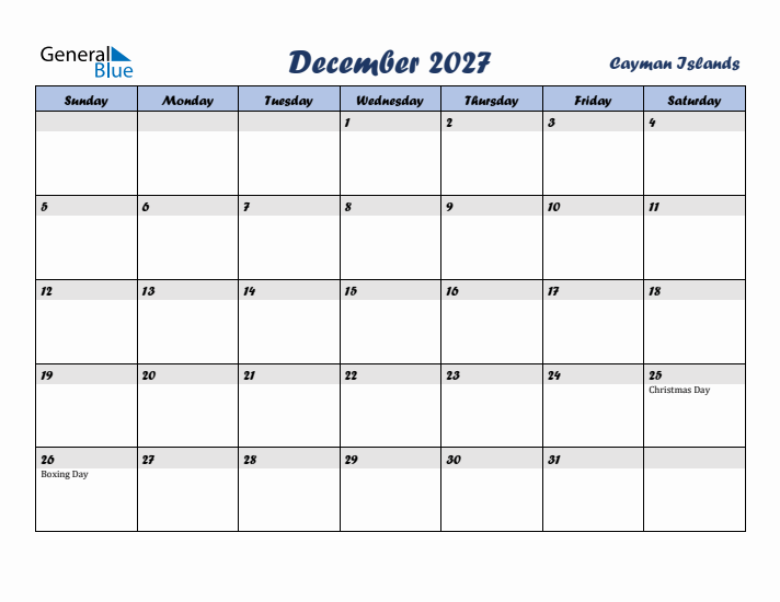 December 2027 Calendar with Holidays in Cayman Islands