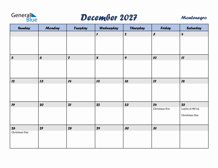 December 2027 Calendar with Holidays in Montenegro