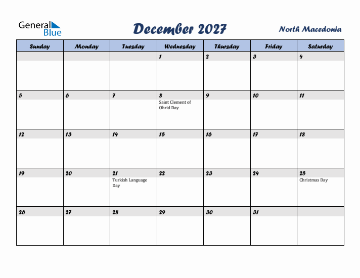 December 2027 Calendar with Holidays in North Macedonia