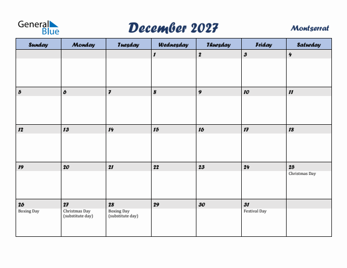December 2027 Calendar with Holidays in Montserrat