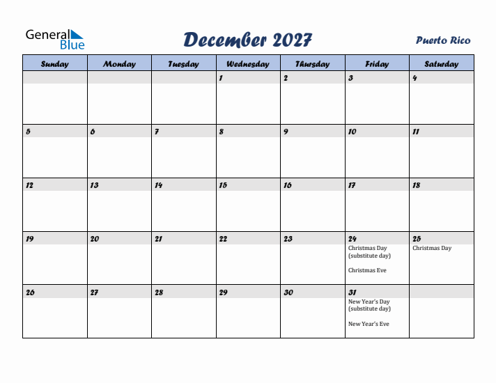 December 2027 Calendar with Holidays in Puerto Rico