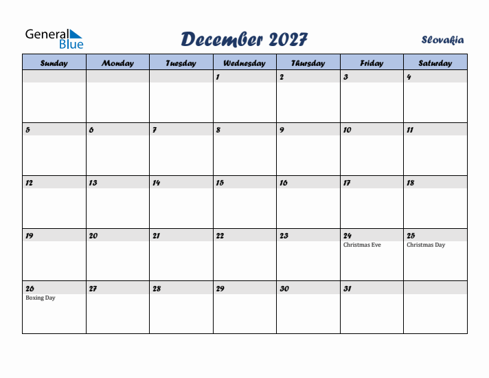 December 2027 Calendar with Holidays in Slovakia