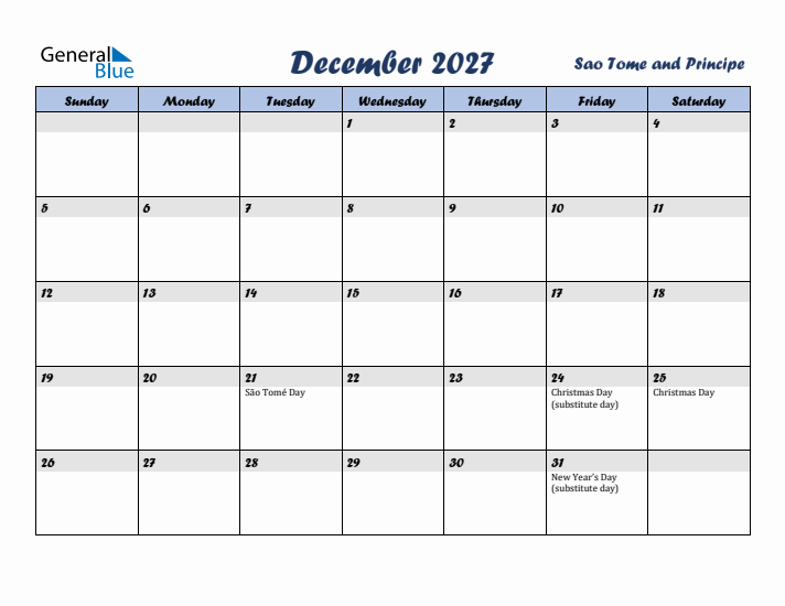 December 2027 Calendar with Holidays in Sao Tome and Principe