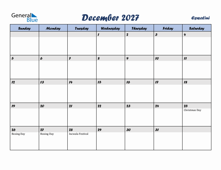 December 2027 Calendar with Holidays in Eswatini