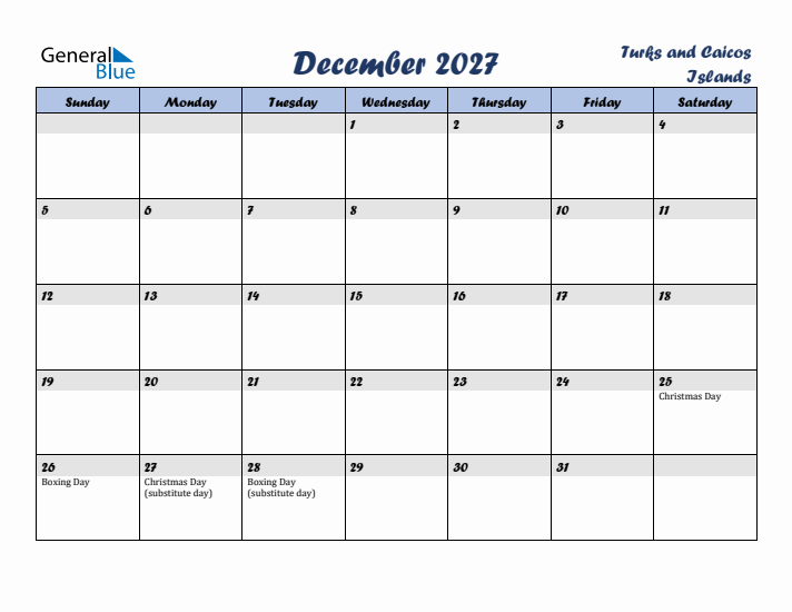 December 2027 Calendar with Holidays in Turks and Caicos Islands