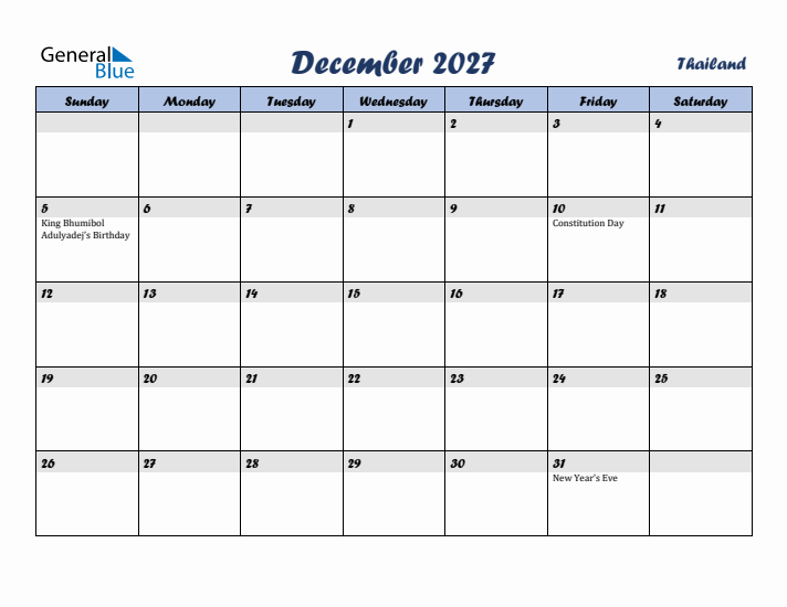 December 2027 Calendar with Holidays in Thailand