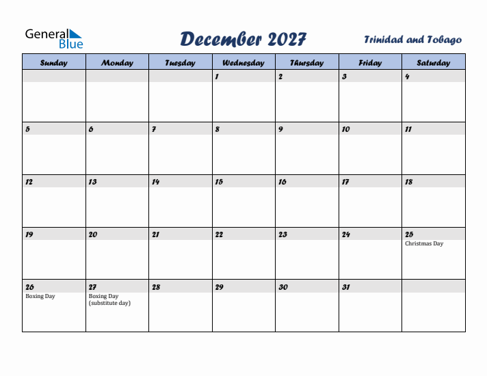 December 2027 Calendar with Holidays in Trinidad and Tobago