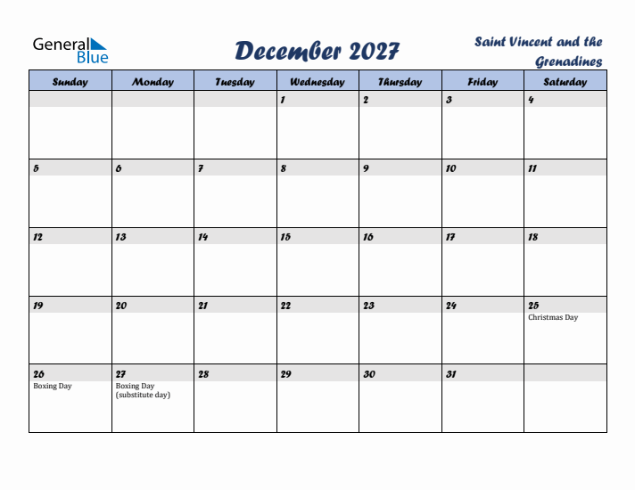 December 2027 Calendar with Holidays in Saint Vincent and the Grenadines