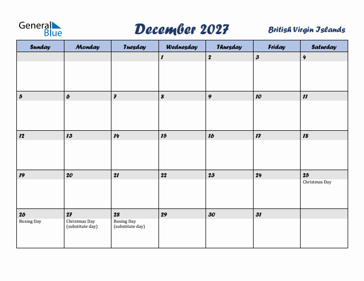 December 2027 Calendar with Holidays in British Virgin Islands