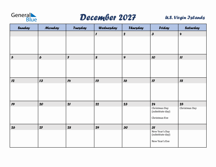 December 2027 Calendar with Holidays in U.S. Virgin Islands