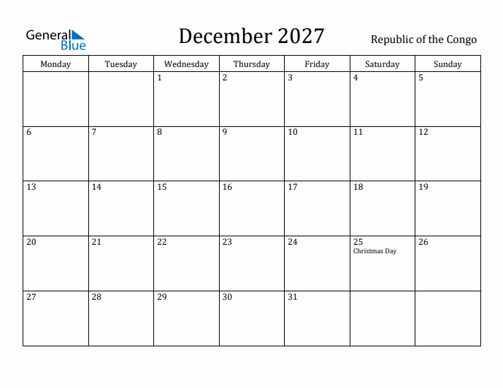 December 2027 Calendar Republic of the Congo