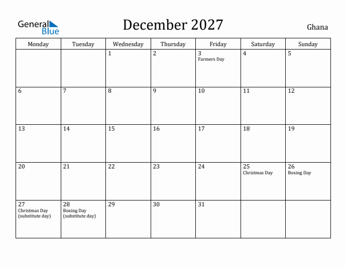 December 2027 Calendar Ghana