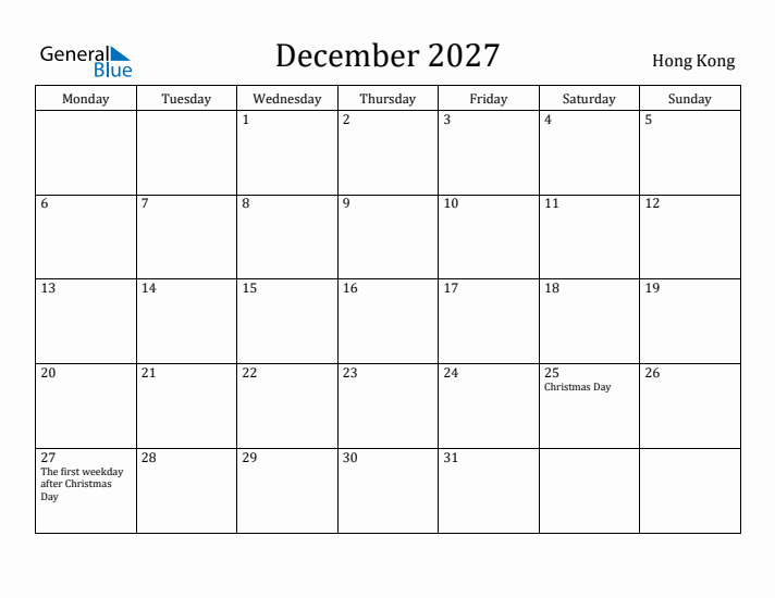 December 2027 Calendar Hong Kong