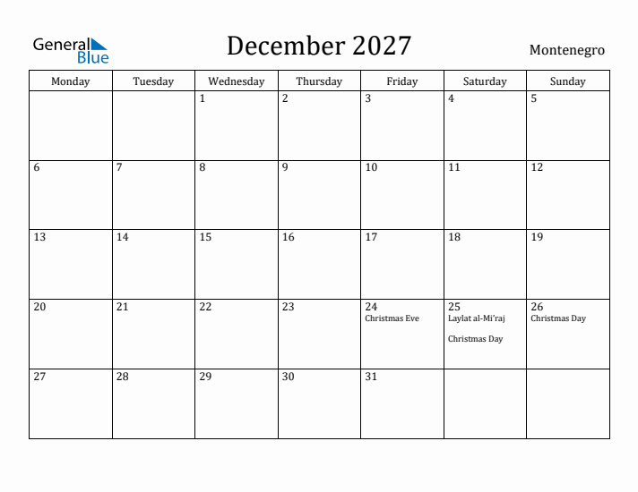 December 2027 Calendar Montenegro
