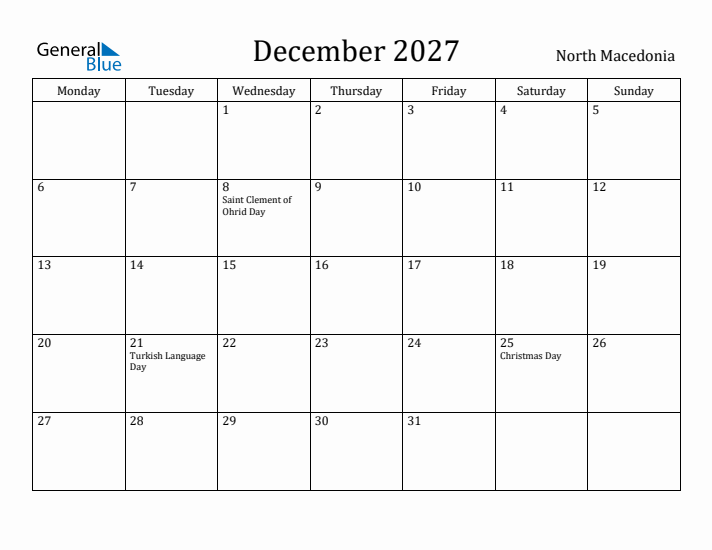 December 2027 Calendar North Macedonia