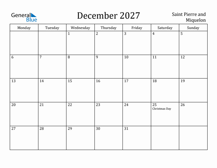 December 2027 Calendar Saint Pierre and Miquelon