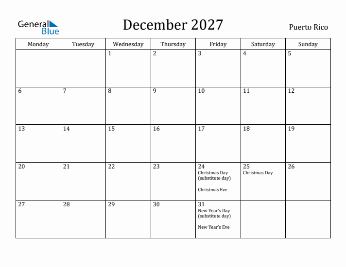 December 2027 Calendar Puerto Rico