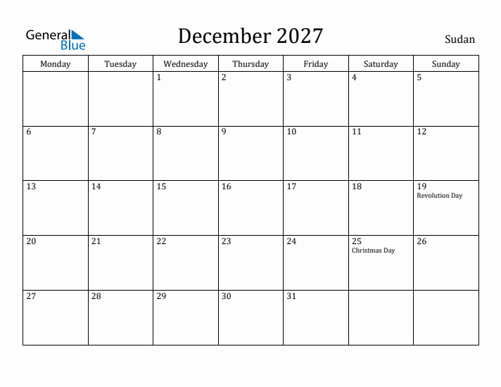 December 2027 Calendar Sudan