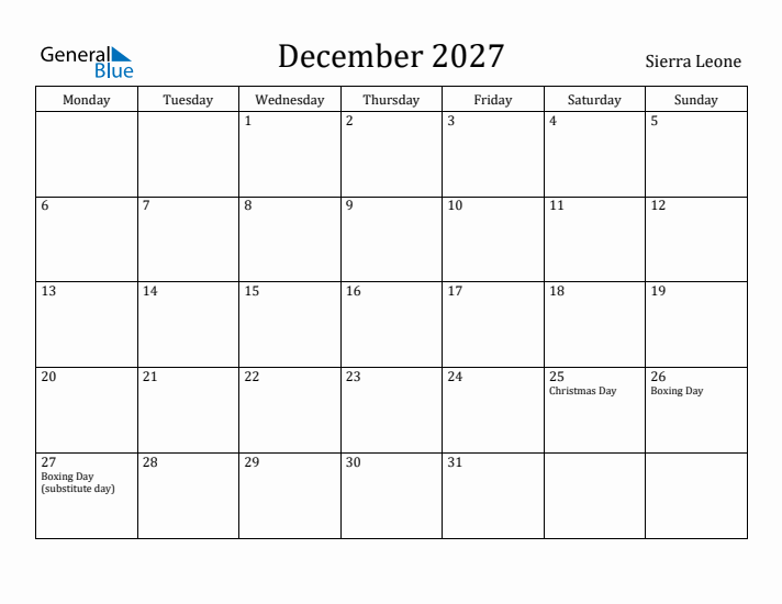 December 2027 Calendar Sierra Leone