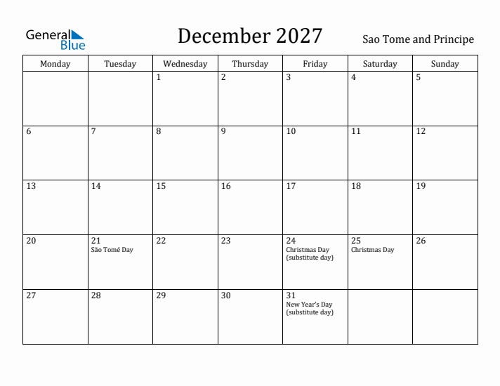 December 2027 Calendar Sao Tome and Principe