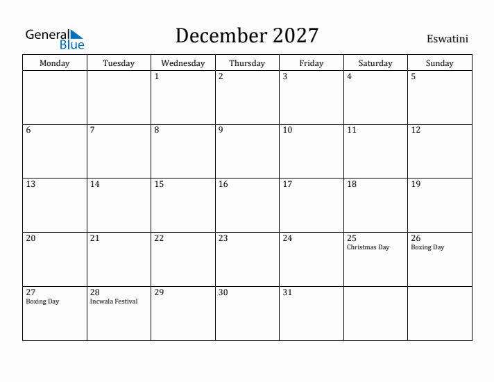 December 2027 Calendar Eswatini