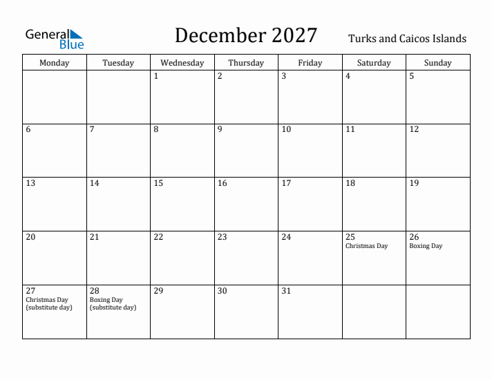 December 2027 Calendar Turks and Caicos Islands