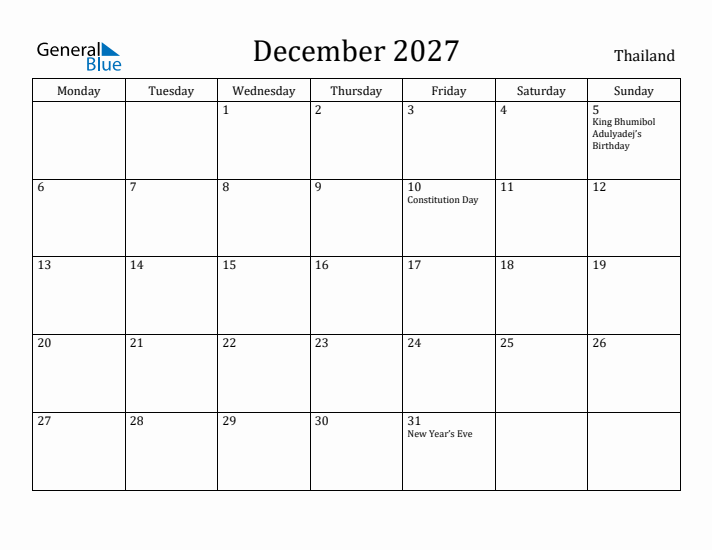 December 2027 Calendar Thailand
