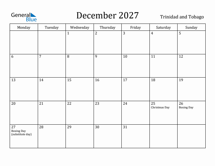 December 2027 Calendar Trinidad and Tobago
