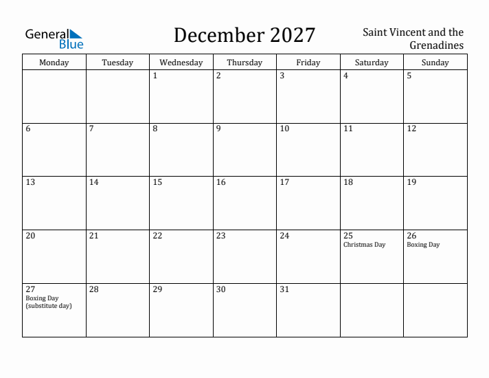 December 2027 Calendar Saint Vincent and the Grenadines