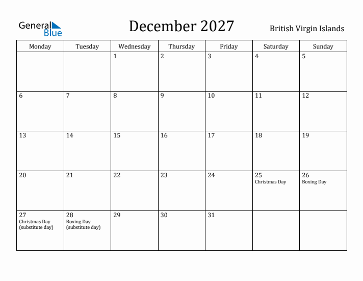 December 2027 Calendar British Virgin Islands