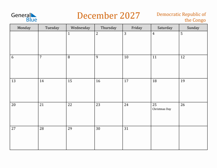 December 2027 Holiday Calendar with Monday Start