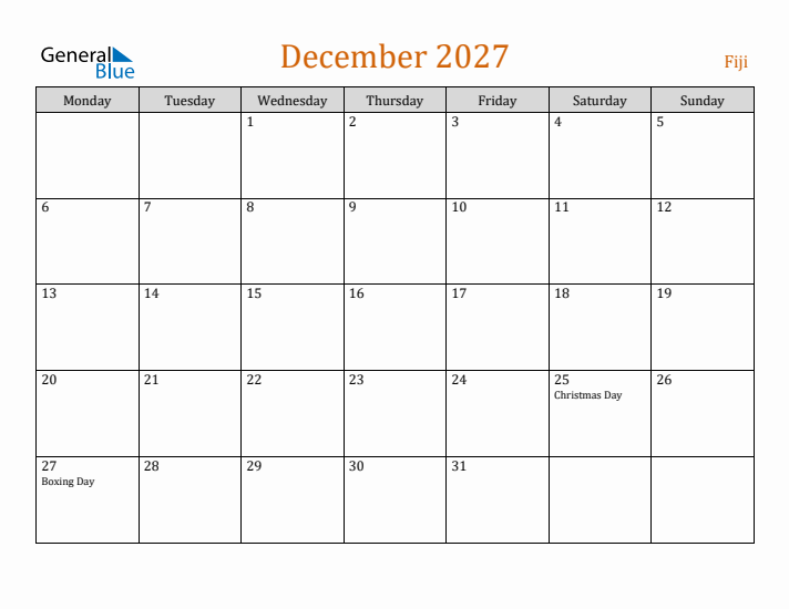 December 2027 Holiday Calendar with Monday Start