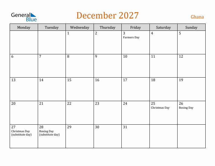 December 2027 Holiday Calendar with Monday Start