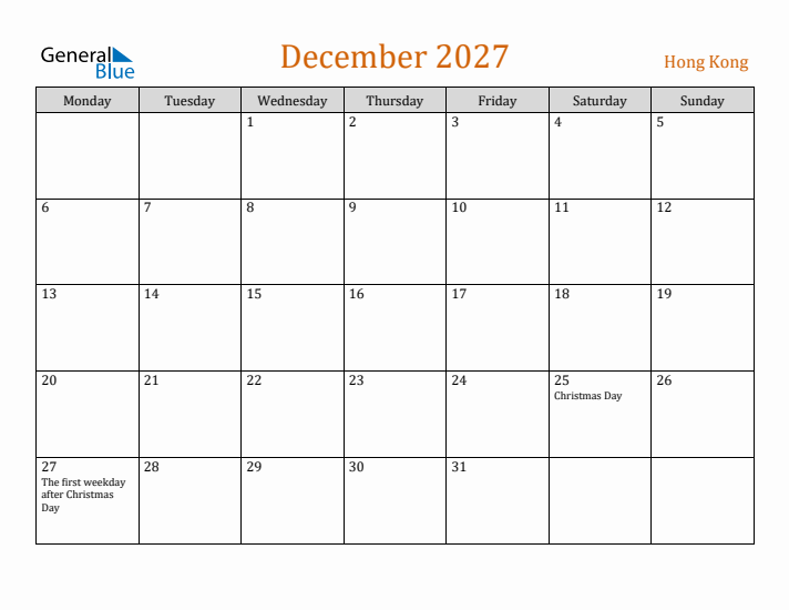 December 2027 Holiday Calendar with Monday Start