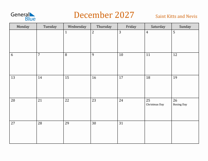 December 2027 Holiday Calendar with Monday Start