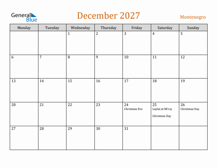 December 2027 Holiday Calendar with Monday Start