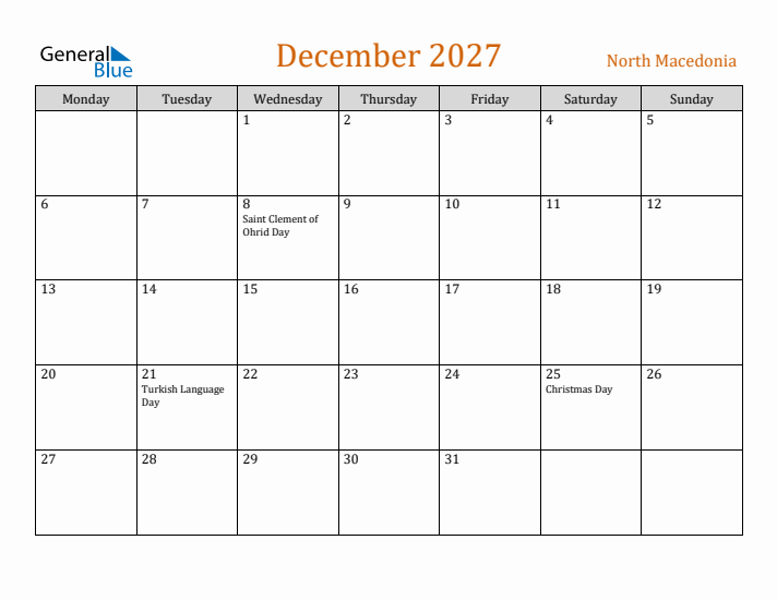 December 2027 Holiday Calendar with Monday Start
